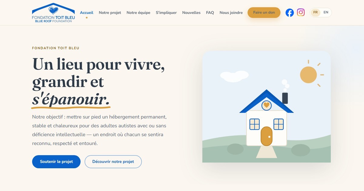 Page d'accueil du nouveau site de la Fondation Toit Bleu